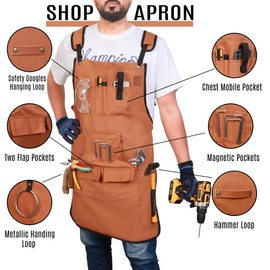 Pargana Woodworking Apron for Men - 9 Reinforced Pockets Durable Canvas Rugged Elegance Padded Cross Straps - Tool Apron for Carpenter, DIY, Wood Working Gifts Men - Adjustable Size S to XXXL - Khaki