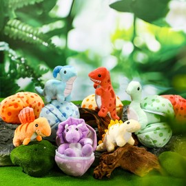 Silipull 12 Pcs Dinosaur Party Favors Cute Plush Dinosaur Stuffed Animals Set, 6 Small Dino Plushies with 6 Mini Dinosaur Egg Bags for Kids Boys Girls Graduation Back to School Birthday Gifts