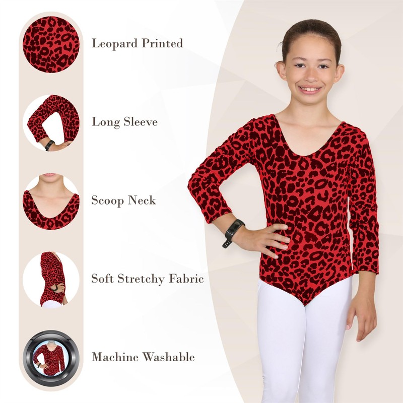 Hamishkane Kids Girls Long Sleeve Crew Neck Leopard Print Gymnastics