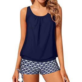 SEDEX Tankini Swimsuits for Women Tummy Control Bathing Suit Modest High Waisted Swimwear 2 Piece Blouson Tankini with Shorts,Blue