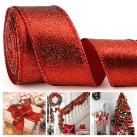 Red Ribbon for Christmas Tree Wine Red Christmas Ribbon Wired Glitter Wine Red Christmas Tree Ribbon Garland 2 1/2 Inch 10 Yards Thick Red Wired Christmas Ribbon for Tree Red Ribbon for Gift Wrapping