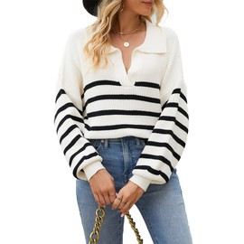 CHYRII Women Casual Overized Puff Long Sleeve V Neck Knitted Polo Pullover Sweater Jumper Tops Apricot+Black L