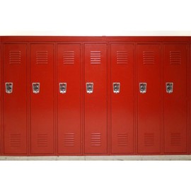 AOFOTO 10x7ft Gym Red Metal Lockers Backdrop Vinyl High School Safety Locker Room Background for Photography Students Kids Adults Sports Photoshoot Props Vinyl Class Party Decoration Video Drape