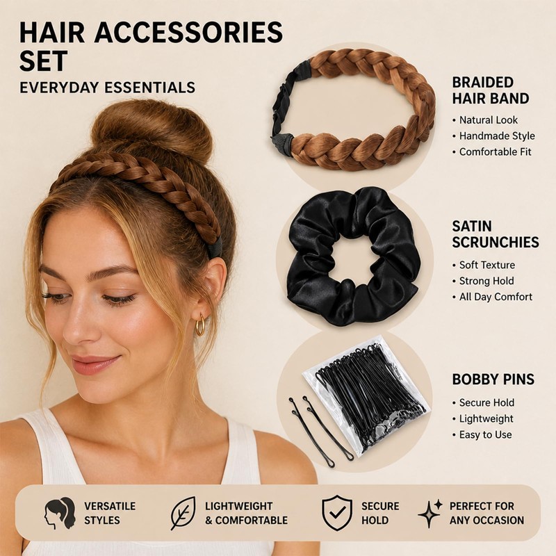 Braided Headband Set - Braided Headband - Satin Scrunchie -