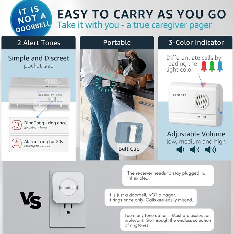 SYNLETT Wireless Caregiver Pager System With 2 Call Buttons And