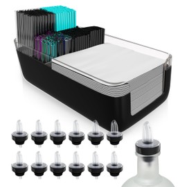 Esatto Professional Bar Products Premium Bar Caddy (Black), Used to Easily Organize Bar Items and Workspace, With Additional 12 Pourers For Precision Pouring and 12 Pourer Covers