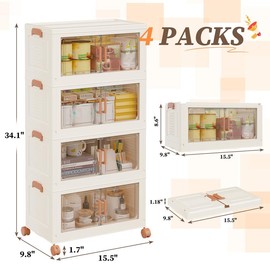 Raybee Small Storage Bins with Wheels, Mini Stackable Plastic Folding Storage Boxes Cute Collapsible Closet Organizer for Bedroom Pantry Corner Space Saving:_4 Pack