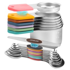 16-Piece Stainless Steel Measuring Cups and Spoons Set, Strong Magnetic Nesting Design 7 Cups 8 Spoons with Leveler, Double Measurement Markings for Dry & Liquid Ingredients, Colorful