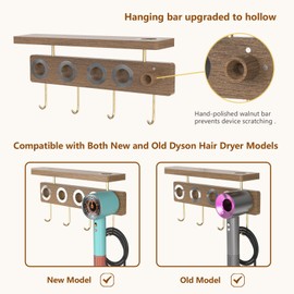 Affogato Hair Dryer Wall Mount Holder Compatible with Dyson, Blow Dryer Accessories and Attachments Organizer Storage Rack, Wood