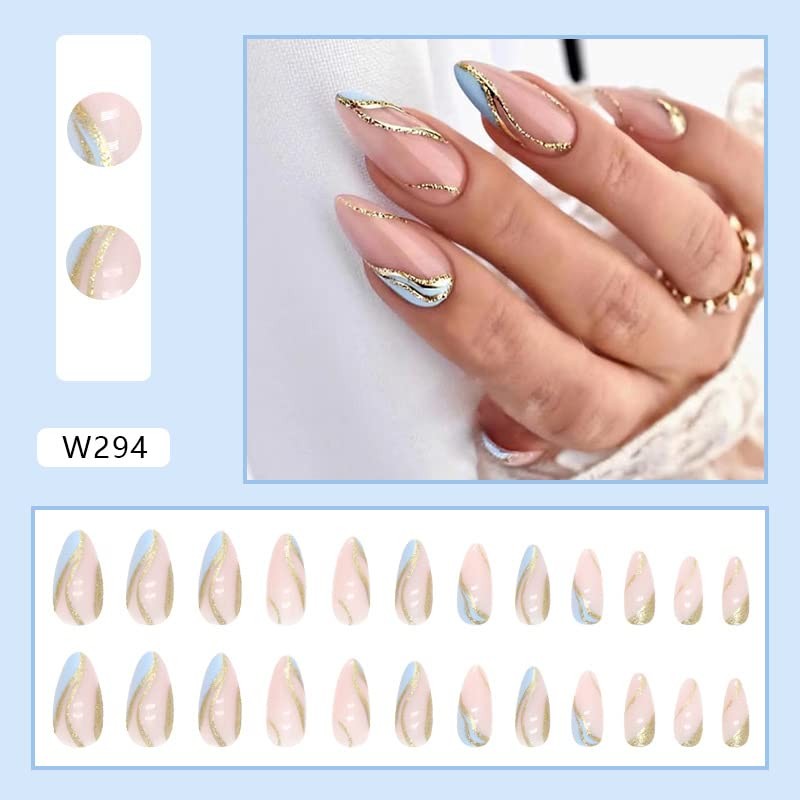 Medium Almond Press on Nails Blue Line Fake Nails French