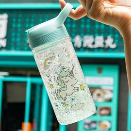 OOTD - Botellas de agua de unicornio para niñas, lindas botellas de agua para niñas, para la escuela, botella de agua de unicornio con pajita y bloqueo de seguridad, botellas de agua para niños de 14.5 onzas, para niños y niñas, color morado