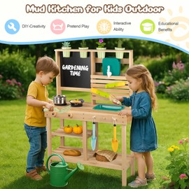 Mud Kitchen for Kids Outdoor, Toddler Wooden Pretend Play Kitchen Playset with Sink, Cookware, Stove, Chalkboard, Faucet & Storage Shelves for Backyard Garden Toy Gift for 3+ Years Old