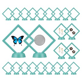 PATIKIL 3D Floating Frame Display Stand, 24 Pack 3.5x3.5 Inch Challenge Coin Display Stand Holder Transparent PE Jewelry Storage Box Floating Display Case with Base, Teal