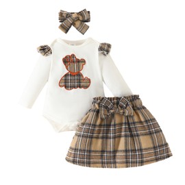 Baby Infant Girls Cute Bear Romper Skirt Clothing Set 3 Pieces Set Long Sleeve Ruffle Shoulder Cartoon Bear Romper Checked A-line Skirt Bowknot Headband, White