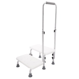 Heavy-Duty 2-Step Stool with Handle for Elderly - Non-Slip Bedside Steps with Adjustable Handrail, Foot Stool for High Beds, Kitchen, Car, and Bathroom (White)