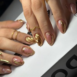 RUISPEED Gold Press on Nails – 24 Pieces Short Almond False Nails with 3D Gold Ribbed Design, Glossy Acrylic Full-Cover Stick-on Nails for Women & Girls, Nude Pink Manicure Set