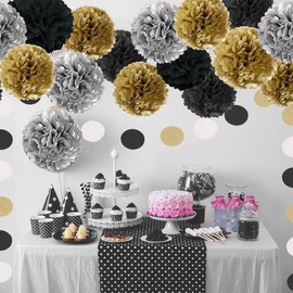 XIKSXITN 12pc Black Gold Gradient Tissue Paper Pompoms-Hanging Gold Dot White Paper Pom Poms Paper Flowers Ball for Party Decorative(8&10&12inch)