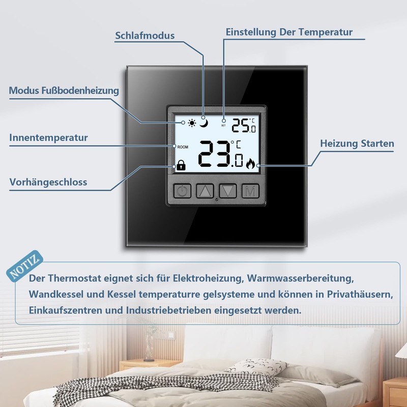 CNBINGO Flush-Mounted Digital Thermostat with Crystal Glass Frame for Drive