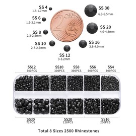 Beadsland 2500 pcs Black Flatback Rhinestones, Flatback Gems Round Black Crystal Rhinestones for Crafts Mixed 8 Sizes SS4 ~ SS30 with Picking Tweezers and Pen (Black)