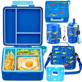Pawtong Lunch Box Set with Bento Box Container, 17OZ Stainless Steel Food Soup Thermo, Kids Water Bottle & Portable Insulated Lunch Bag, Leakproof, Hot/Cold Retention for School, Travel (Dinasour)