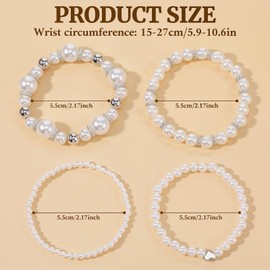 4Pcs Pearl Bracelets For Women Stretch Stackable Pearls Bracelet Stack Set Multilayered Elastic Bead Bracelets Boho Jewelry For Women Bridesmaid Bridal Wedding Jewelry (White and Silver)