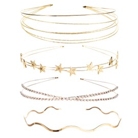 4Pcs Gold Bridal Headband, Rhinestone Headbands Multi Layers Gold Headpiece Elegant Wavy Headbands Double Metal Star Headband Gold Hair Accessories for Women Girls