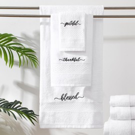 Peryiter Luxury 100% Cotton Bath Towel Set 3 Pcs Grateful, Thankful, Blessed Rustic Embroidered Farmhouse Bathroom Decor 1 Bath Towel 1 Hand Towel and 1 Wash Cloth for Inspirational Christian Gift