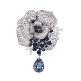Luxury Crystal Rose Flower Brooch Pin with Teardrop Pendant, Silver and Navy Blue, Rhinestone Embellished, Wedding Party Formal Accessory