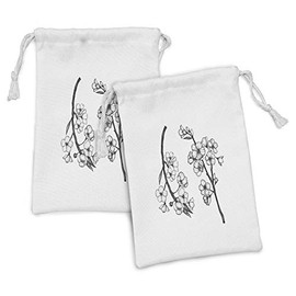 Ambesonne Charcoal Grey Fabric Pouch Set of 2, Garden Themed Vintage Artwork of Sakura Flowers Branches Blooming Details, Small Drawstring Bag for Toiletries Masks and Favors, 9" x 6", White