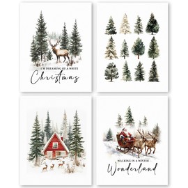 QLMX I'm Dreaming of a White Christmas Wall Art Prints Set of 4, Winter Wall Decor, Christmas Santa Prints for Wall Decor, Christmas Deer Poster Prints for Living Room Bedroom 8”x10” Unframed