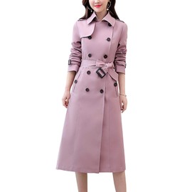 ebossy Women's Classic Double Breasted Midi-Length Trench Coat with Belt (Large, Pink)