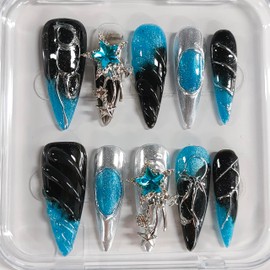 3D Stiletto Press on Nails Long Handmade Nails Y2K Thick Acrylic Fake Nails Black&Blue False Nails with Stars Silver Curve Line Rhinestones Designs Sturdy Nail Art Press on Nails 10Pcs(S)