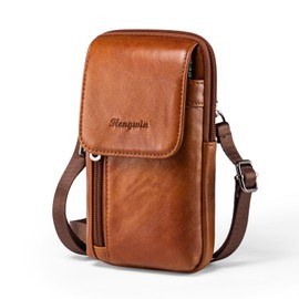 Hengwin Genuine Leather Crossbody Bag for Men/Women, Small Messenger Bag Cell Phone Purse Shoulder Holster Passport Pouch (Brown)