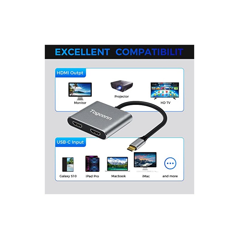 Adaptador USB C 4K a HDMI doble, compatible con 4K60Hz,