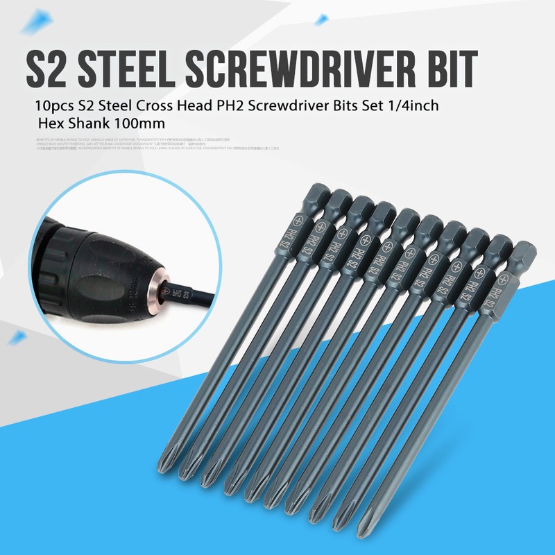 10pcs S2 Steel Cross Head PH2 Screwdriver Bits Set 1/4inch