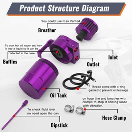 Baffled Oil Catch Can 400ml, Universal Oil Catch Can Kit with Breather Filter & Stainless Steel Wool, Installation Accessories & Premium Fuel Line Included, Alumium, Purple