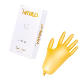 Guante de nitrilo acabado metálico ambidiestro, ajuste perfecto y hergonómico, flexible y cómodo UNISEAL caja con 100 piezas (Dorado, Grande)