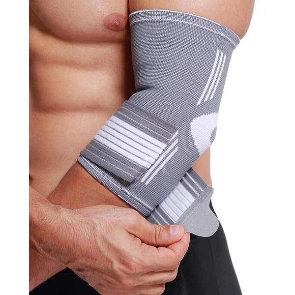 Neotech Care Elbow Brace Support Sleeve (1 Unit) - Elastic & Breathable Fabric - Adjustable Compression Strap/Band - for Men, Women, Right or Left Arm - Gray Color (Size M)
