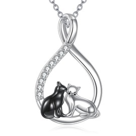 AOBOCO 2 Cats Pendant Necklace 925 Sterling Silver Black and White Cat Friendship Necklace Birthday Jewelry Gifts for Women Cat Lovers 18+2 Inches
