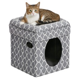 MidWest Homes for Pets Feline Nuvo Curious Cat Cube, Foldable Cat Hideout with Toy, Bolstered Bed Top, Gray Geo Print, Faux Fur