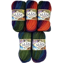 5 x 100 g Alize Burcum Batik Wool, Multicoloured with Colour Gradient, 500 g Acrylic Knitting Wool, Colourful (Purple, Orange, Blue, Green 4827)