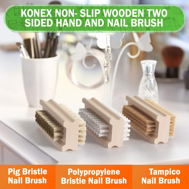Konex Non-Slip Wooden Two-sided Hand and Nail Brush. Fingernail Brush