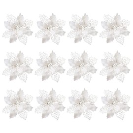 VIDELLY 12Pieces 4" Christmas Glitter Poinsettia Flowers Picks Artificial Poinsettia Flowers Christmas Decorations Christmas Tree Flowers Ornaments for Xmas Tree Wreaths Garland Holiday,White(No Clip)