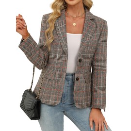 Lei sure Womens Houndstooth Plaid Blazer Lapel Collar Long Sleeve 2 Button Blazer Jacket Business Casual Outfits Work Office Clothes Brown L