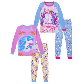 AmberEft Pajamas for Girls Long Sleeve Cotton Pjs 4-Piece Sets Kids Sleepwears 3D Unicorn Rainbow Floral Size 3(2-3 Years)