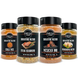 Fresh Finest Meat Seasonings and Rubs Gift Set – Montreal Steakhouse, Shawarma, Mexican BBQ, Chili Mix – Kosher, Gluten-Free, Non-GMO – Perfect for Grilling and Flavorful Dinners (4-Pack)