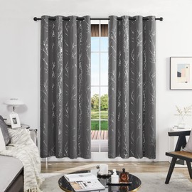 Deconovo Blackout Curtains Eyelet, Silver Tree Branches Printed Curtains for Living Room, Grey, 46 x 90 Inch (Width x Length), 2 Panels