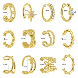 AoedeJ Fashion 12pcs Ear Cuff Earrings Cubic Zirconia Small Gold Earrings for Women No Piercing Clip On Earrings, Sterling Silver