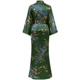 BABEYOND Women's Kimono Robe Long Satin Robes with Peacock and Blossoms Printed Kimono Nightgown, Bronze Green, One Size Plus