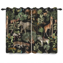 YONGFOTO 168 x 229 cm Wildlife Blackout Curtains, Jungle, Wildlife, World, Elephant, Giraffe, Wild Safari, Green Forest for Living Room, Bedroom, Window Curtains, 2 Panels, Home Set with Holes
